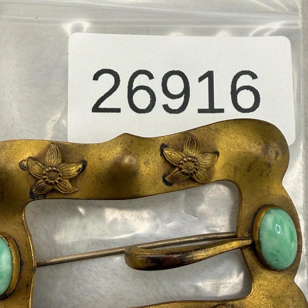 Vintage Sash Brooch Gold Tone Art Deco Green